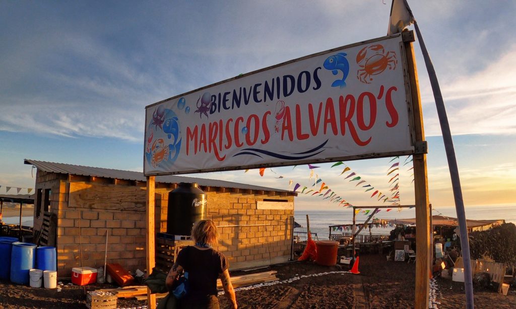 Sign for Mariscos Alvaros restaurant San Quintin Baja California