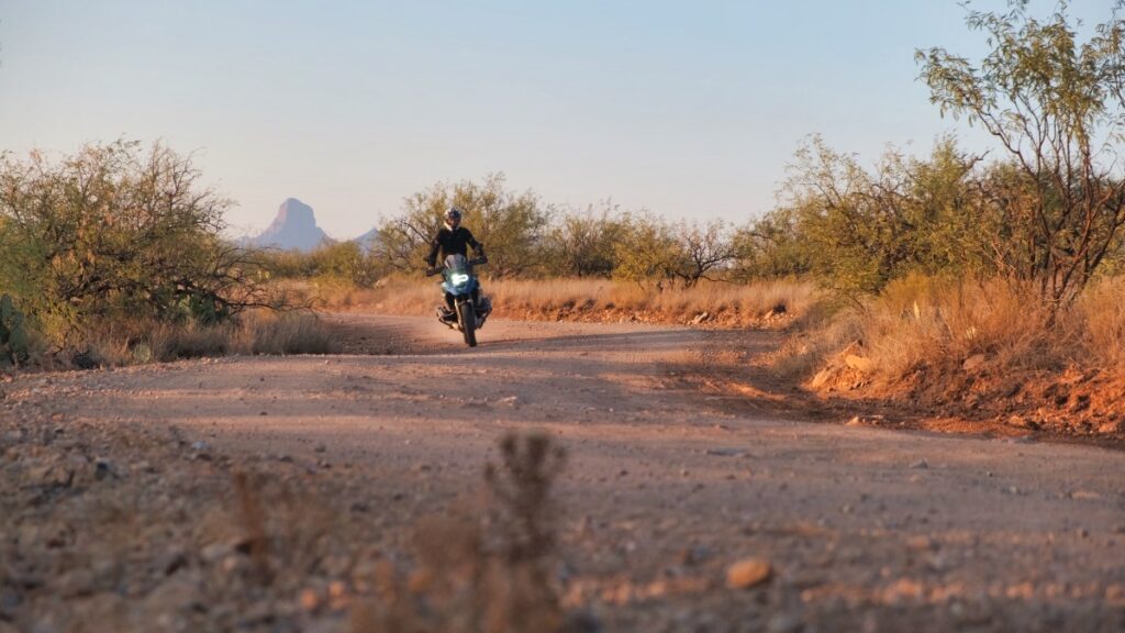 Sterling Noren riding BMW GS motorcycle in Buenos Aires National Wildlife Refuge 2020