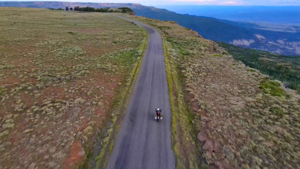 Sterling Noren riding BMW GS motorcycle Lands End Colorado