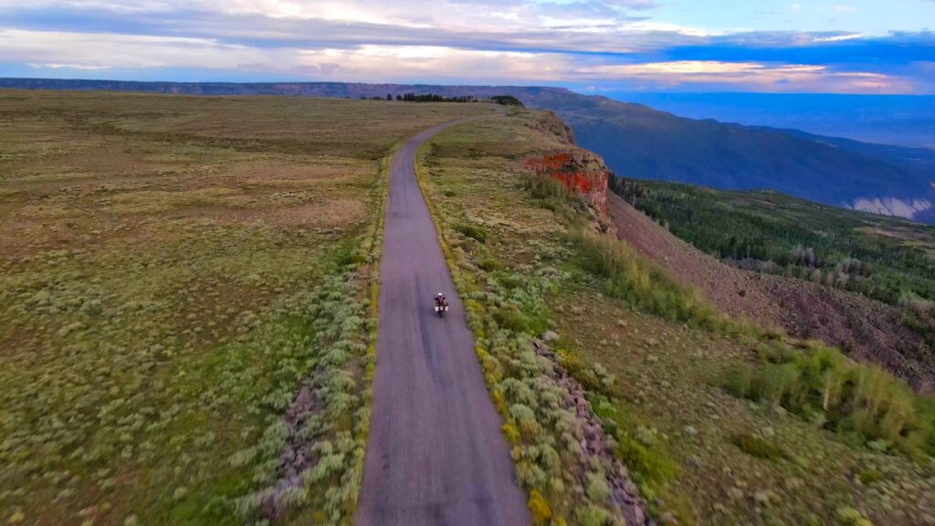 Sterling Noren riding BMW GS motorcycle Lands End Colorado