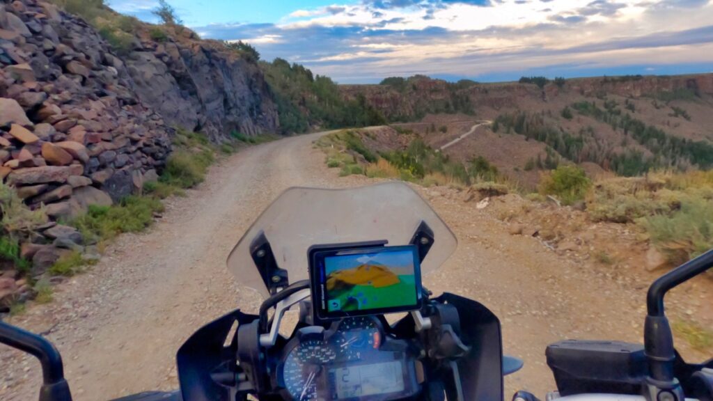 Sterling Noren riding BMW GS motorcycle Lands End Colorado